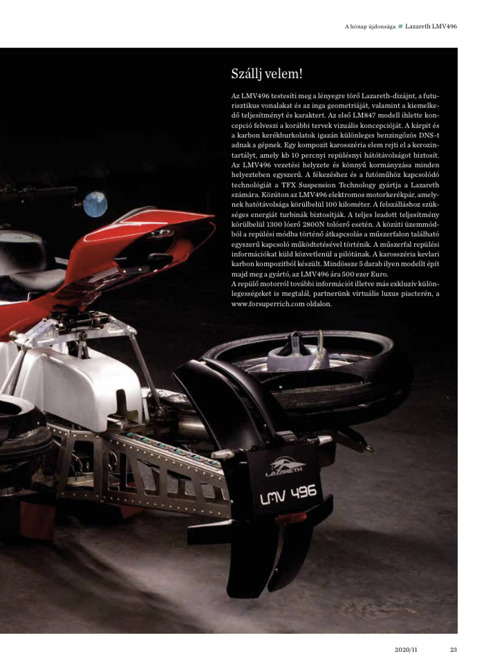 November 2020 - Publication ForSuperRich.com "Flying Motorcycle LMV496 Lazareth" with our partner media Luxury Magazine Hungary