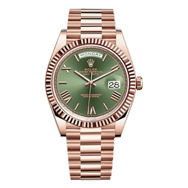 , Rolex Day Date 228235 OGRP Olive Green Dial Bevelled Roman Numerals 40mm 18kt Rose Gold Jubilee Bracelet Men’s Watch